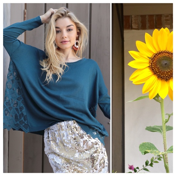 Midnight Blue Teal Boho Lace Panel Sweater - Picture 7 of 7